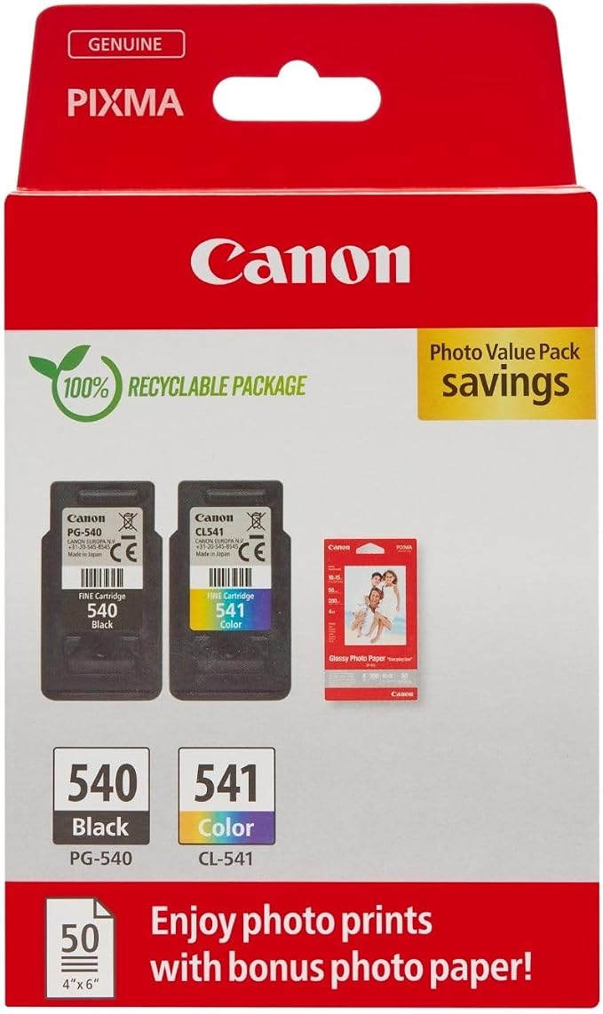 Canon PG-540 / CL-541 oryginalne wkłady atramentowe, 2 sztuki (1 x czarny, 1 x kolorowy), zawiera 50 arkuszy papieru fotograficznego 4 x 6, karton wielopak