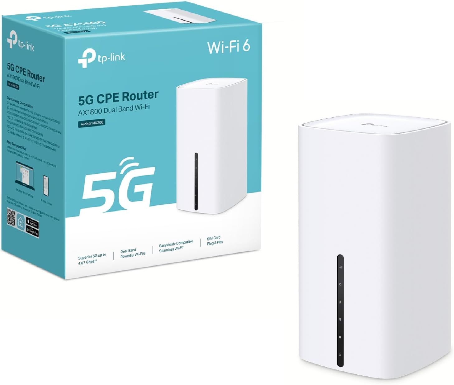 TP-Link Archer NX200 router 5G, Wi-Fi, 6 AX1800 Mb/s z kartą SIM, dwuzakresowy, Plug & Play, Gigabit port WAN/LAN, 4K-QAM, formowanie wiązki, 8 × 5 G/LTE, 2 × Wi-Fi Anteny wewnętrzne, EasyMesh, - obrazek 2