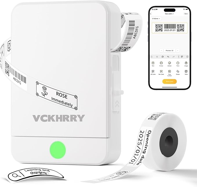 Drukarka Etykiet Bluetooth Samoprzylepne Urządzenie Etykietowania | Akumulatorowa, Z Etykietą, Systemów iOS i Android, Termotransferowa do Domu, Kuchni, Szkoły, Biura, Biała