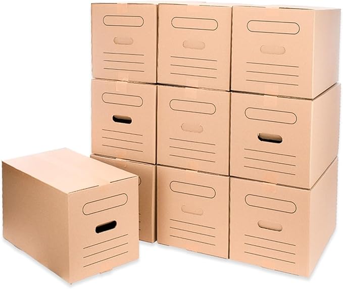 Pudełko kartonowe 50x30x30 cm z uchwytami, opakowanie 10, ekologiczne | Idealny do przeprowadzki, przechowywania i transportu. 100% ekologiczne pudełka z uchwytami ułatwiającymi obsługę.
