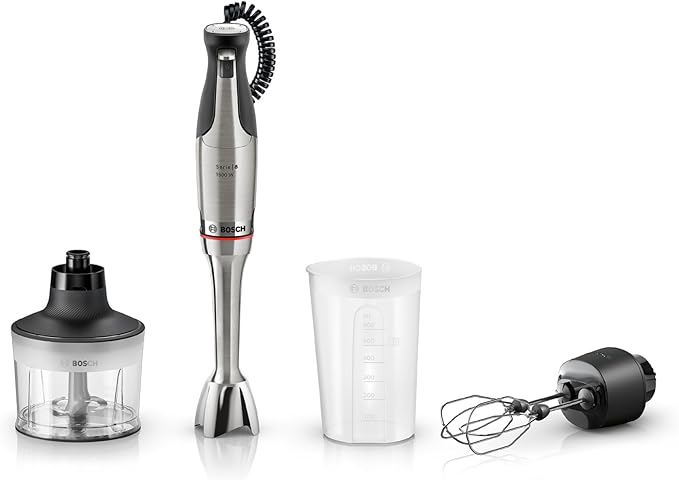 Bosch, blender ręczny, ErgoMaster Serie 8, silnik 1500 W, intuicyjna regulacja prędkości, 6-ramienne ostrze, akcesoria w zestawie, stal nierdzewna, MSM8M934