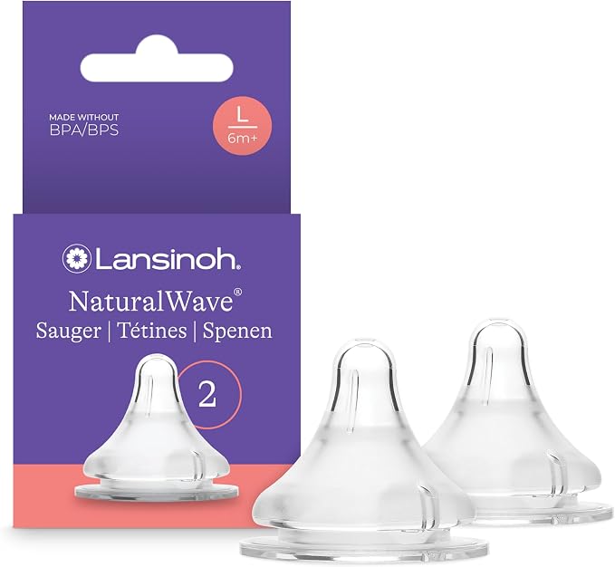 Lansinoh 75940 Przyssawka do Karmienia dla Niemowląt Naturalwave, Rozmiar L, Przezroczysty, 2 sztuki | Antykolkowe Smoczki Karmienie Piersi