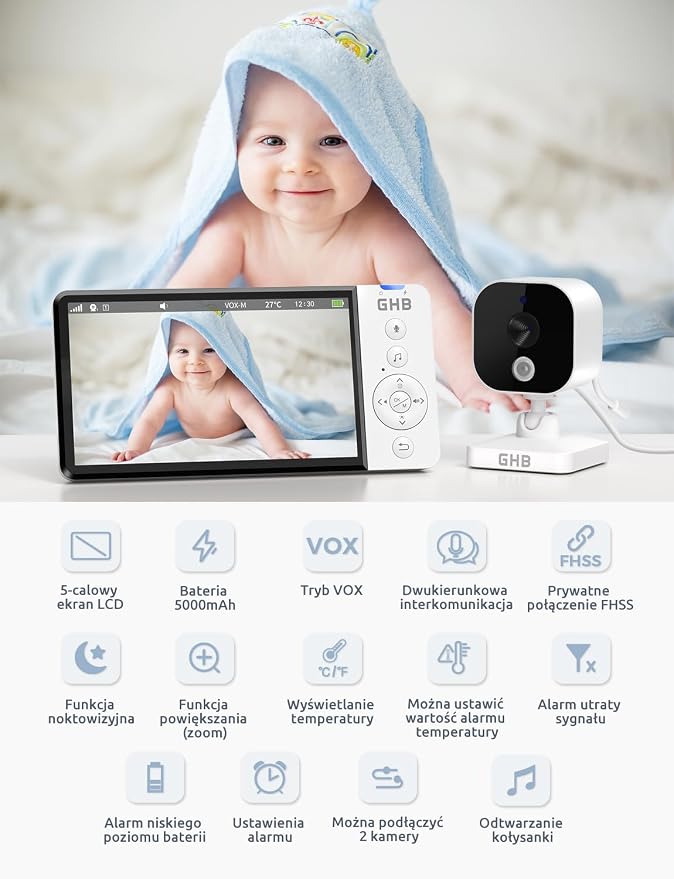 GHB Monitor dla Niemowląt z Kamerą Niania elektroniczna 5 Cali 720p - obrazek 6