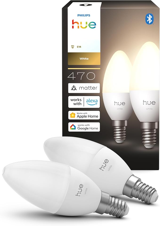 Philips Hue Smart Żarówka Świeca LED, B39, E14, 470 lm, Ciepłe Białe Światło 2700 K, Niski Poziom Przyciemniania, Alexa, Google Home, Apple Home, 2 szt.