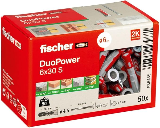 fischer DUOPOWER 6 x 30 S, uniwersalny kołek rozporowy ze śrubą bezpieczeństwa, 2-komponentowy plastikowy do mocowania w betonie, cegle, kamieniu, kartonie gipsowo-kartonowym 50 kołków 50 śrub