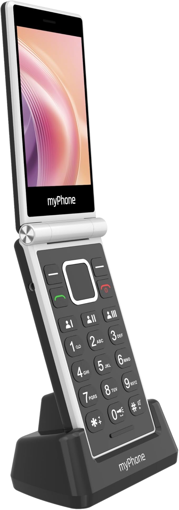 myPhone Tango 2 LTE telefon z klapką do seniorów bez abonamentu, 4G telefon dla seniora z dwa wyświetlacze, telefon dla seniora dużymi przyciskami, stacją ładującą, przyciskiem SOS, Dual SIM