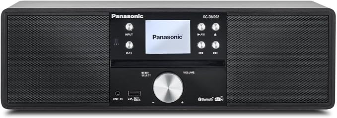 Panasonic SC-DM202 uniwersalny system stereo z odtwarzaczem CD (DAB+, FM, mocny dźwięk 24W, obudowa bass reflex, Bluetooth, wyświetlacz 2,4”), czarne
