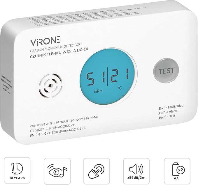 Virone Czujnik Czadu na Baterie Czytelny Wyświetlacz LCD Detektor - obrazek 3