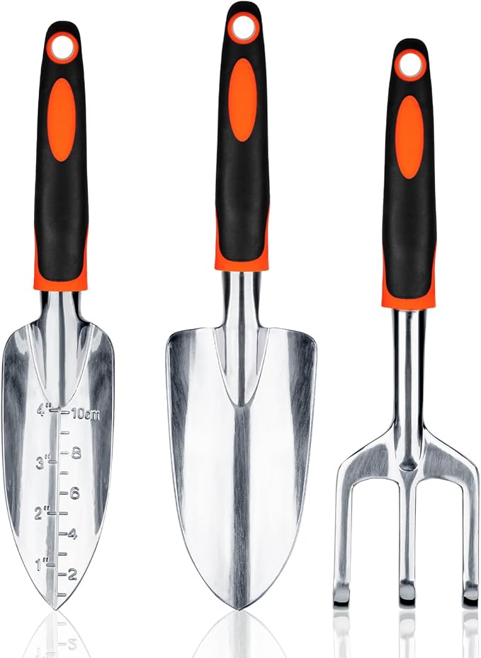 Bamworld 3-częściowy zestaw narzędzi ogrodowych do dużych obciążeń, zestaw ogrodowy ze stopu aluminium z ergonomicznym uchwytem, w zestawie łopatka do przesadzania, grabie ręczne do grządek i