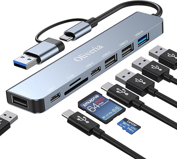 Koncentrator USB-C 3.0, wieloportowy adapter USB Hub 3.0 8 w 2 z czytnikiem kart SD i TF, portami USB 3.0 i USB 2.0, portem USB-C, do urządzeń MacBook Air/Pro, Galaxy, iPada, z systemem Windows itp.