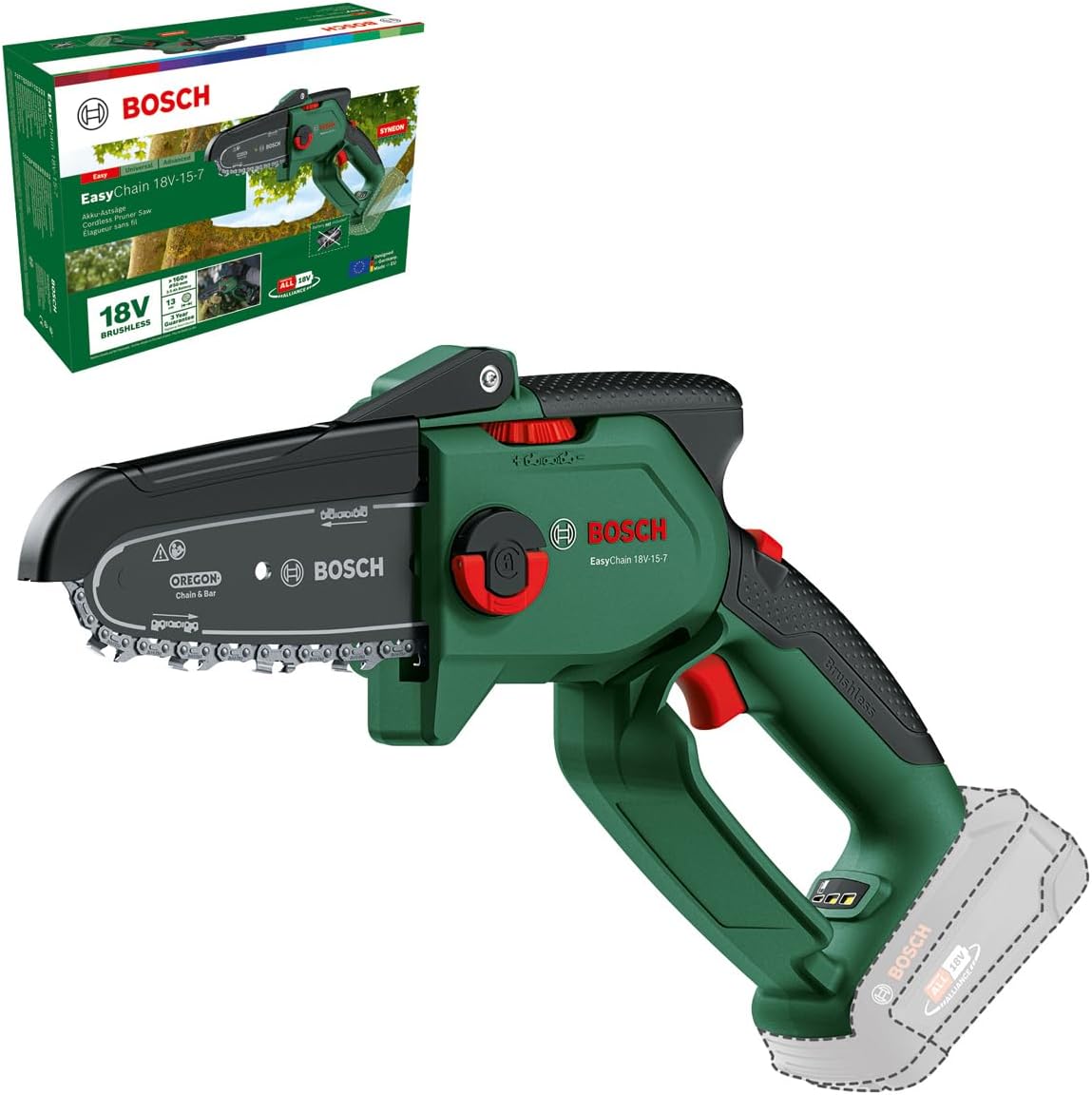 Bosch Mini piła łańcuchowa EasyChain 18V-15-7, do cięcia drewna, system 18V, prędkość łańcucha: 6,95 m/s, bez akumulatora - obrazek 2