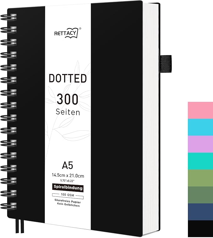 RETTACY Notatnik A5 w kropki, Bullet Dot Journal, zeszyt spiralny 150 arkuszy/300 stron do pisania, 100 g/m², okładka z PVC, dla kobiet i mężczyzn do pracy, biura, szkoły, 14,5 x 21 cm – Czarny