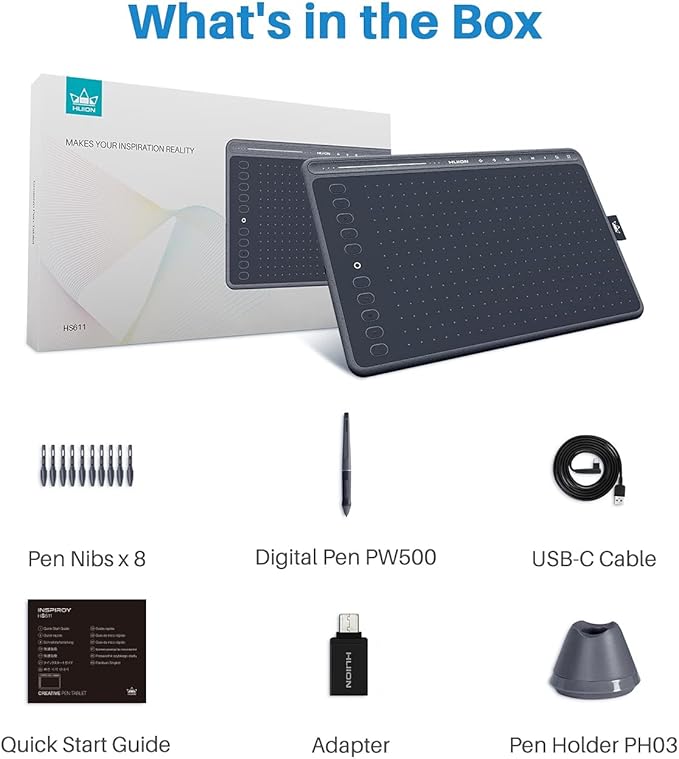 HUION 2020 HS611 Tablet graficzny, profesjonalny tablet do rysowania, rysik cyfrowy PW500 bez baterii, z przyciskami dotykowymi do multimediów (odgrywanie muzyki), łączność OTG, szary (Space Grey) - obrazek 7