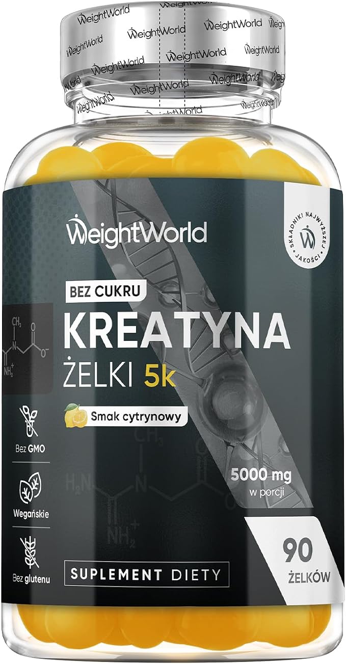 Żelki z monohydratem kreatyny 3000 mg – cytrynowe żelki przedtreningowe z monohydratem kreatyny bez cukru i glutenu, odpowiednie dla wegan – suplement na siłownię, bez GMO | 90 żelków bez cukru, pyszne żelki kreatynowe o smaku cytrynowym, bez inżynierii genetycznej, wegańskie żelki