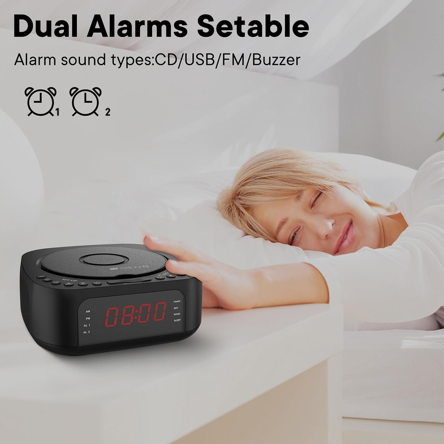 Fockety Budzik z odtwarzaczem CD i pilotem, radiobudzik Bluetooth z głośnikiem, radio FM, timer i wyświetlacz LED, boombox obsługujący płyty CD, Bluetooth, napęd USB, wejście AUX (wtyczka UE) - obrazek 7