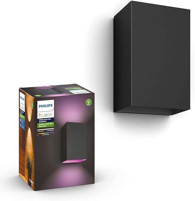 Philips Hue Resonate White and Color Ambiance Zewnętrzna Lampa Ścienna LED (czarna), Kinkiet Zewnętrzny z Paletą 16 mln Kolorów i Możliwością Ściemniania, Smart LED Sterowane Aplikacją