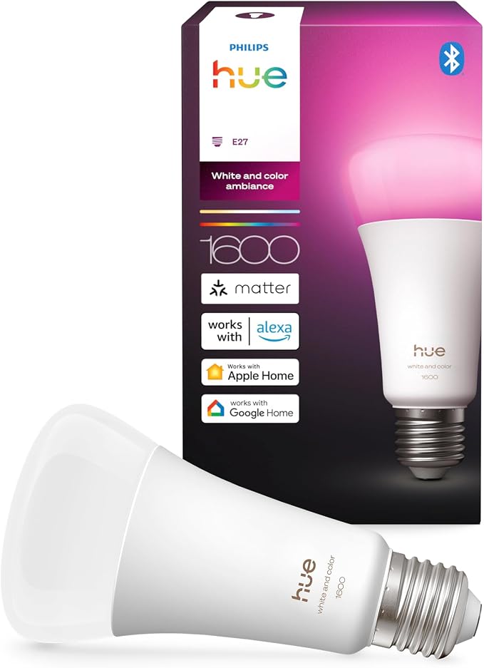 Żarów Philips Hue Smart LED A67, White and Color Ambiance, trzonek E27, 11,8 W, pełne spektrum światła 1000K–20000K, 1600 lumenów, przyciem, działa z Alexa, Google Assistant i Apple Home, op. 1 szt.