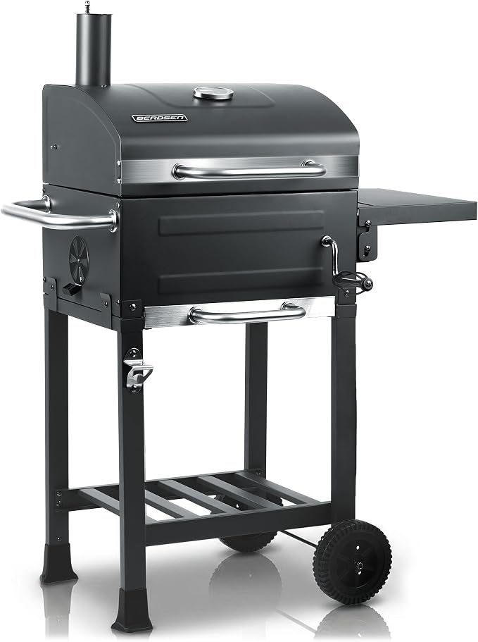 Berdsen Grill Węglowy Ogrodowy BBQChef z Kominem i Żeliwnym Rusztem 40 x 31,5 cm - Regulowane Palenisko, Termometr, Popielnik, Półka - Przenośny na Kołach - Antracytowy