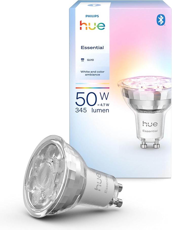 Żarówka Philips Hue Essential Smart LED – ośw. punktowe GU10, White and Color Ambiance, 4,7 W, 2200K–6500K, 345 lumenów, przyciemnianie, działa z Alexą, Asystentem Google i Apple Home, op. 1 szt.