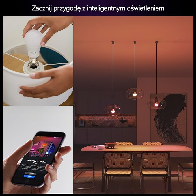 Żarówka Philips Hue Essential Smart LED A60, White and Color Ambiance, podstawa E27, 8 W, 2200K–6500K, 806 lumenów, przyciemnianie, działa z Alexą, Asystentem Google i Apple Home, 4 op. - obrazek 2