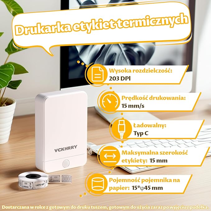 Drukarka Etykiet Bluetooth Samoprzylepne Urządzenie Etykietowania | Akumulatorowa, Z Etykietą, Systemów iOS i Android, Termotransferowa do Domu, Kuchni, Szkoły, Biura, Biała - obrazek 5