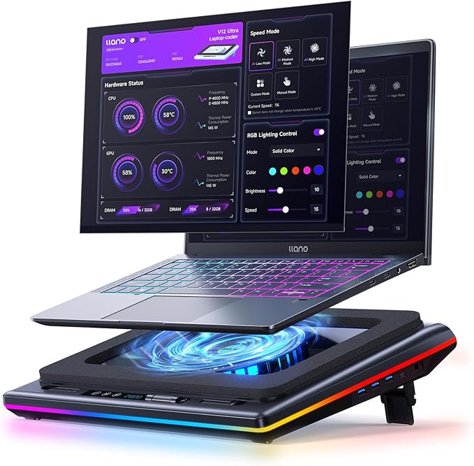 llano V12 Ultra Chłodzenie Laptop z Inteligentną Kontrolą Oprogramowania, Podstawka Chłodząca z Wentylatorem RGB do Laptopa Gamingowego, Wentylator Turbo 5.5", 3 Porty USB 3.0 do Laptopów 15.6"-19"