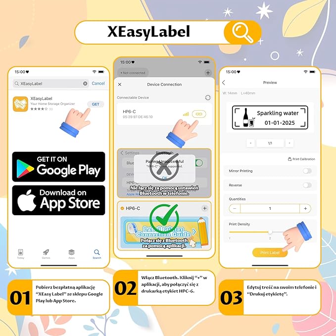 Drukarka Etykiet Bluetooth Samoprzylepne Urządzenie Etykietowania | Akumulatorowa, Z Etykietą, Systemów iOS i Android, Termotransferowa do Domu, Kuchni, Szkoły, Biura, Biała - obrazek 6