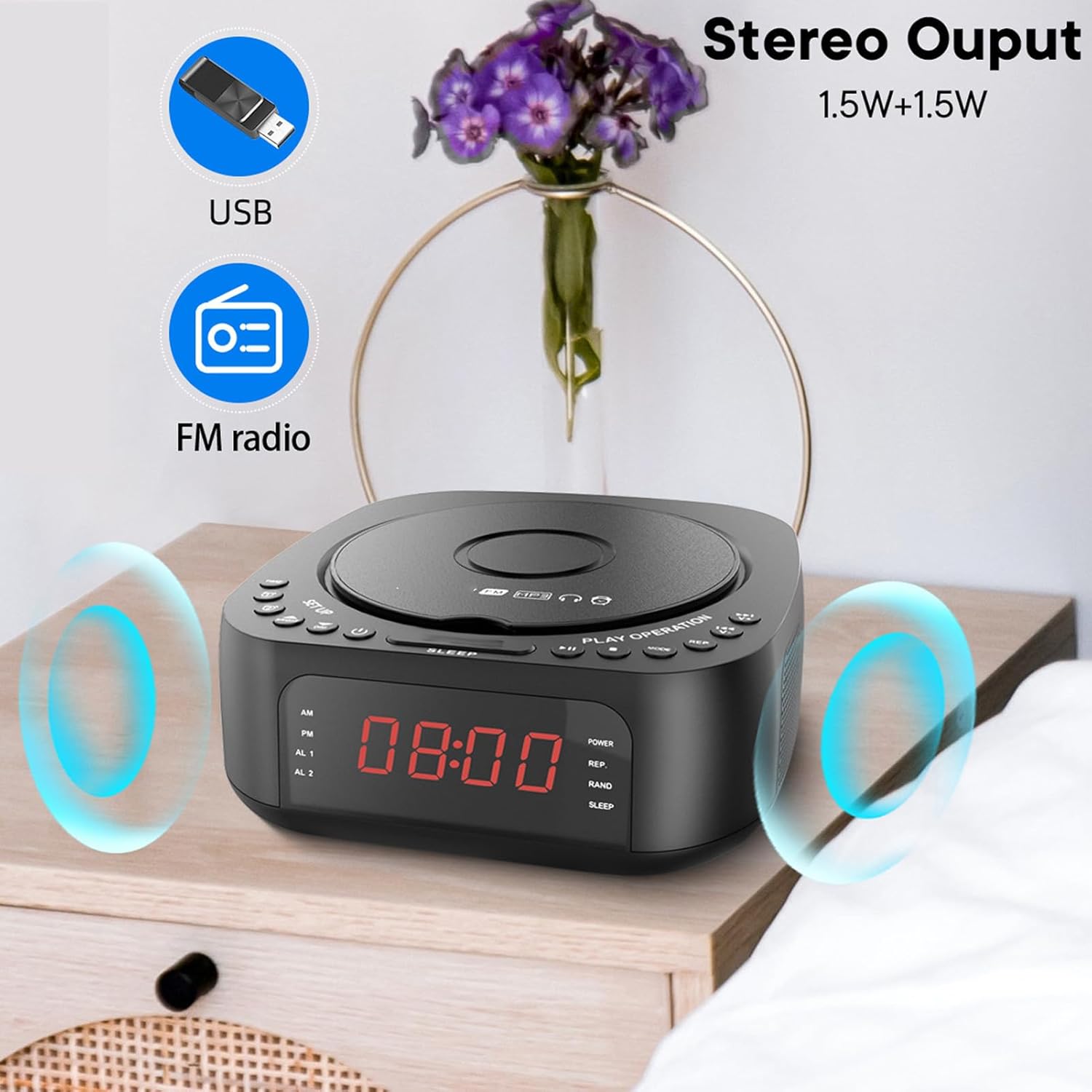 Fockety Budzik z odtwarzaczem CD i pilotem, radiobudzik Bluetooth z głośnikiem, radio FM, timer i wyświetlacz LED, boombox obsługujący płyty CD, Bluetooth, napęd USB, wejście AUX (wtyczka UE) - obrazek 4