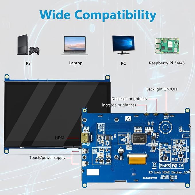Mini 7-calowy monitor HDMI, przenośny monitor IPS, wyświetlacz LCD 1024 × 600, kąt widzenia 178 °, mały mini wyświetlacz dla Raspberry Pi 5, Pi 4, laptopa - obrazek 5