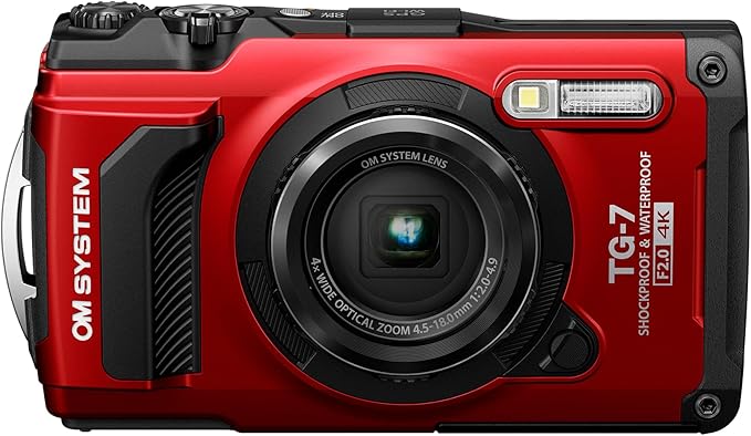 OM SYSTEM Tough TG-7 Czerwony Aparat Cyfrowy 12 MP 4K Wodoodporny Kompakt | Wstrząsoodporny aparat podwodny, zoom 4x, system makro, Wi-Fi. Wytrzymały następca Olympus TG-6 do ekstremalnych przygód.