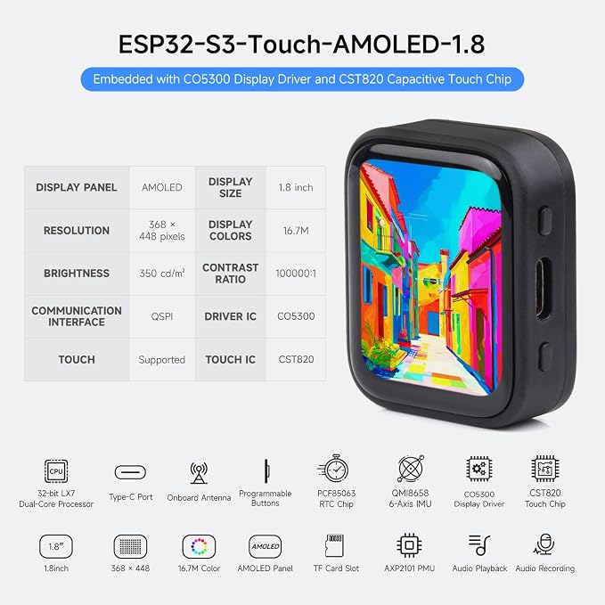 Waveshare ESP32-S3 1.8inch AMOLED Touch Display Development Board - obrazek 3