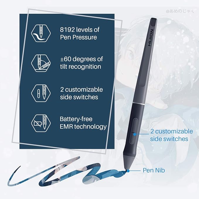 HUION 2020 HS611 Tablet graficzny, profesjonalny tablet do rysowania, rysik cyfrowy PW500 bez baterii, z przyciskami dotykowymi do multimediów (odgrywanie muzyki), łączność OTG, szary (Space Grey) - obrazek 4