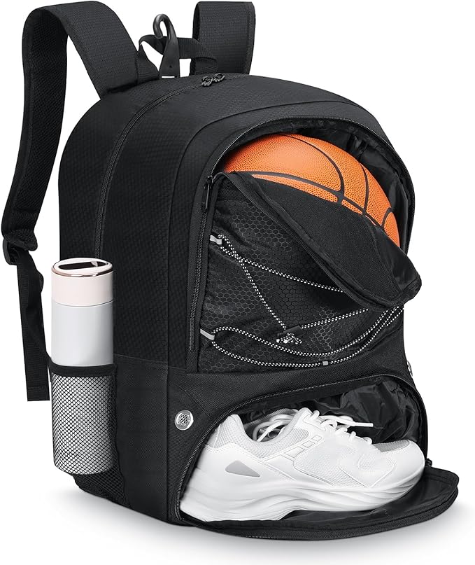 MoKo Basketball Bag Backpack, Football Backpack with Separate Ventilated Shoes & Ball Compartments, Water-Resistant, Black, 18.90 x 13.39 x 8.27 inches