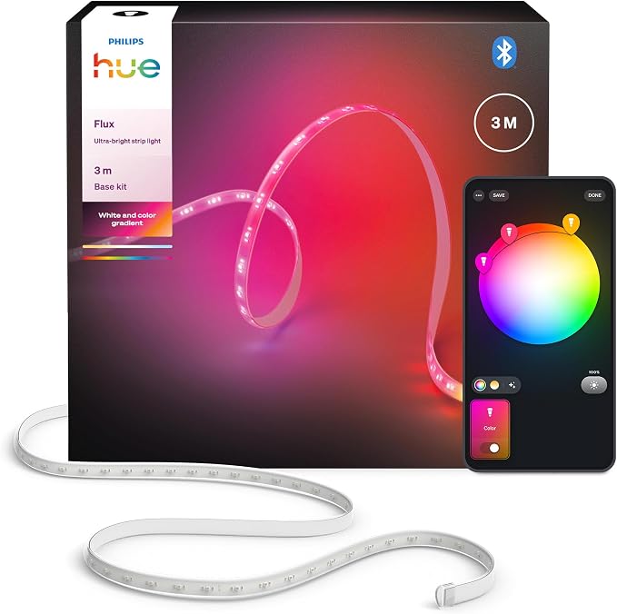 Philips Hue Flux ultra-bright 3 m LED, 2900 lm, żywe kolory i atmosfera, Chromasync™, przycinanie i przedłużanie, sterowanie aplikacją i głosem, do wnętrz i na zewnątrz.