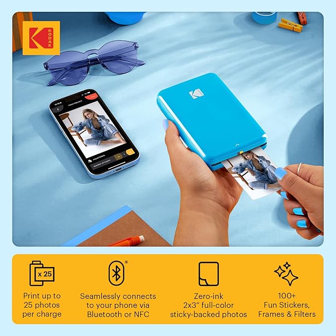 KODAK Step Natychmiastowa Drukarka Zdjęć do Smartfona - Przenośna Mini Kolorowa Bezprzewodowa Drukarka - Zdjęcia Zink 2x3” z Klejem - Bluetooth z iOS i Android - Aplikacja do Edytowania - Niebieska - obrazek 3