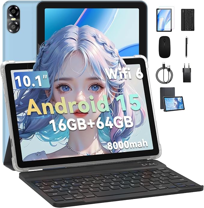 PRITOM 10-calowy tablet z klawiaturą i rysikiem, 16 GB, 64 GB ROM, Android 15, 1024 GB z możliwością rozszerzenia, Quad-Core, WLAN 6, 6000 mAh, tablet z klawiaturą, myszką
