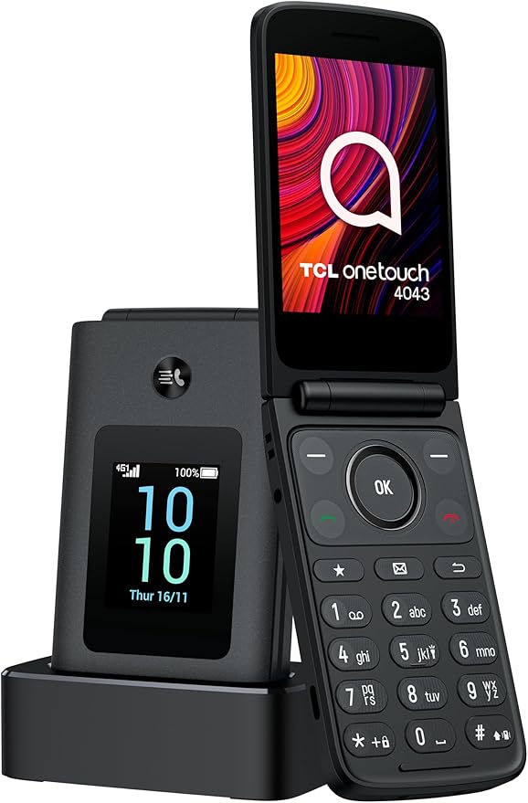 TCL Onetouch 4043 smartfon, łatwy w obsłudze, duże przyciski, 4G, dwa wyświetlacze z klipsem, latarka, akumulator 1380 mAh, Bluetooth, Dual-SIM, złącze audio 3,5 mm, ze stacją ładującą (kolor szary)