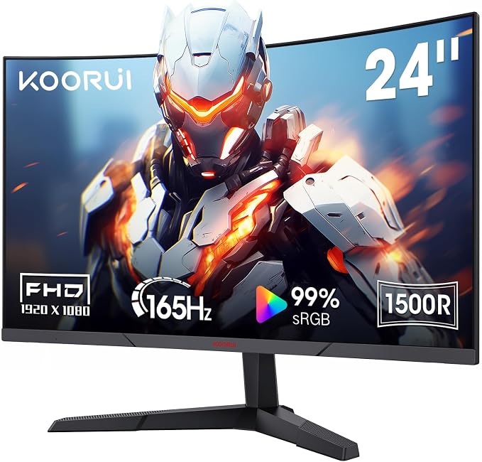 KOORUI 24E6CA Zakrzywiony monitor do gier 24 cale, FHD 1080P 180 Hz 1 ms Komputer ekranowy, 1500R HDMI 2.0x2/DP 1.2, 100x100mm VESA Monitor, czarny