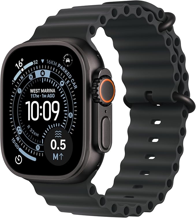 Apple Watch Ultra 3 GPS + Cellular 49 mm, najwyższej klasy zegarek do biegania i innych sportów z wytrzymałą kopertą z tytanu kolor czarny + Ocean Band kolor czarny - One Size