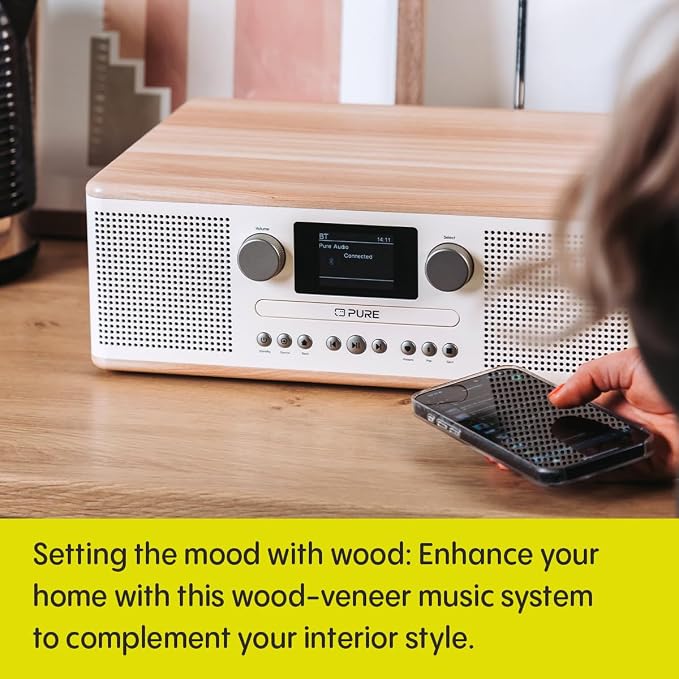 Pure Klasyczny system muzyczny C-D6 (odtwarzacz CD, DAB+/FM, Bluetooth, AUX, USB, Alarm Sleep Timer) bawełna biały/dąb - obrazek 7