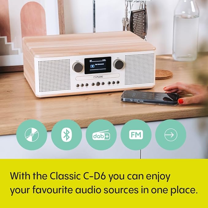 Pure Klasyczny system muzyczny C-D6 (odtwarzacz CD, DAB+/FM, Bluetooth, AUX, USB, Alarm Sleep Timer) bawełna biały/dąb - obrazek 4