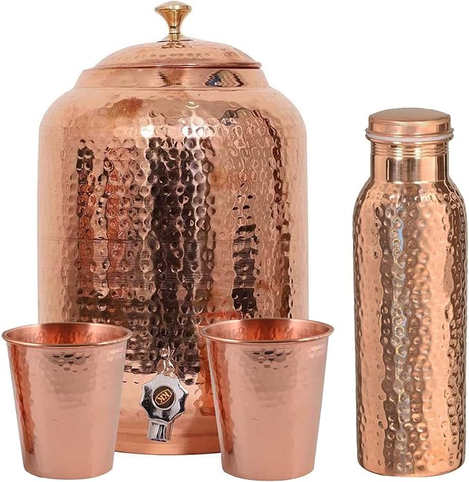 Ayurveda Zdrowie uzdrawiające ręcznie młotkowane miedziane naczynia do picia dozownik wody pojemność 8 l 2 szklanki i 1 miedziana butelka