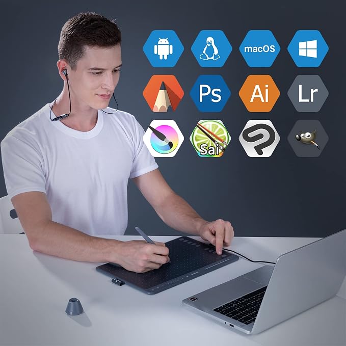 HUION 2020 HS611 Tablet graficzny, profesjonalny tablet do rysowania, rysik cyfrowy PW500 bez baterii, z przyciskami dotykowymi do multimediów (odgrywanie muzyki), łączność OTG, szary (Space Grey) - obrazek 6