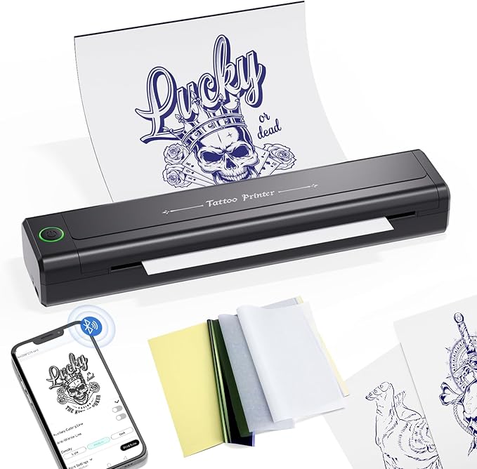 BIOMASER H1 Drukarka Szablonów Tatuażu, drukarka Termiczna z Tatuażami Bluetooth, Drukarka Termiczna do Tatuażu kompatybilna z iPadem, telefonem i komputerem z 10 arkuszami papieru