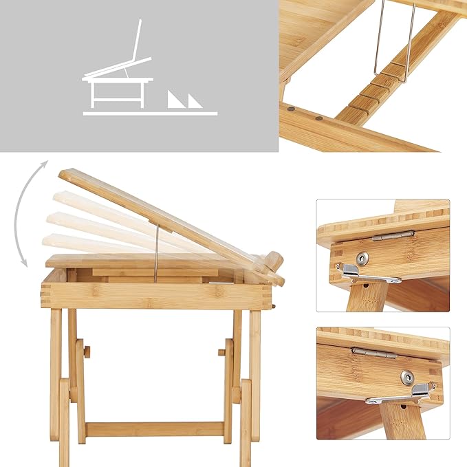 SONGMICS Regulowany stolik pod laptopa, z szufladą, składany, bambusowy | Stolik pod notebooka, do czytania lub śniadania i stół do rysowania, 55 x (21-29) x 35 cm, BAMBOU LLD01N - obrazek 6