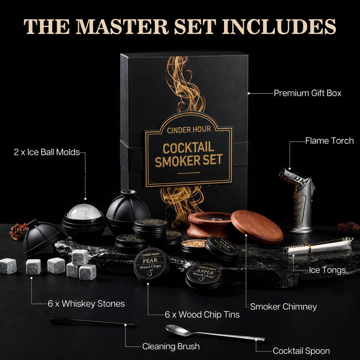 Whisky Smoker Set Cocktail Smoker Palnikiem 6 Kamieni 2 Formy Lodu - obrazek 7