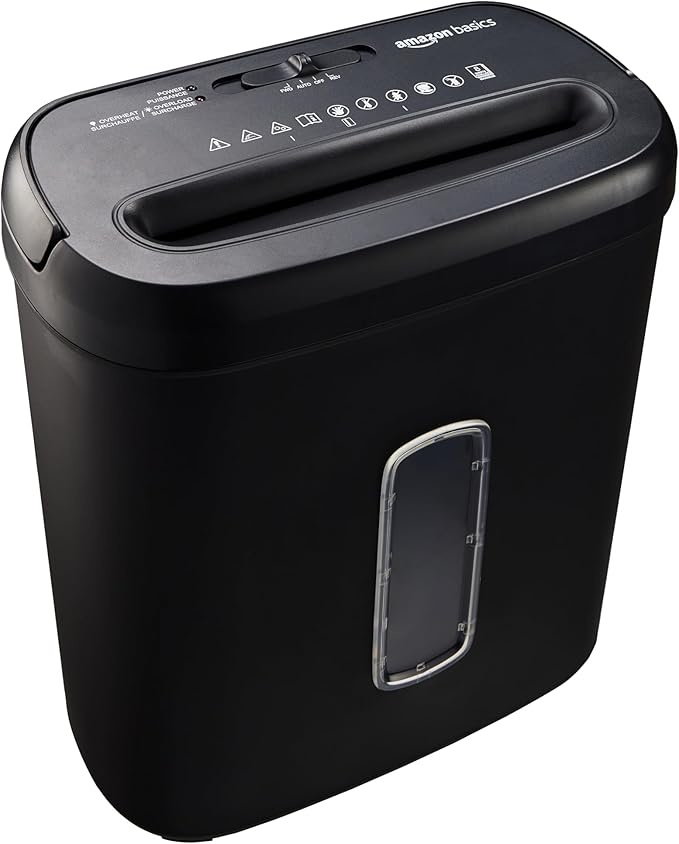 Amazon Basics Niszczarka do papieru o przekroju poprzecznym na 8 arkuszy, do papieru i płyt CD i kart kredytowych, 8 arkuszy, czarna