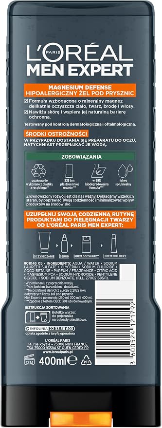 L'Oréal Paris Men Expert, MAGNESIUM DEFENSE, Żel pod prysznic, 400 ml - obrazek 2