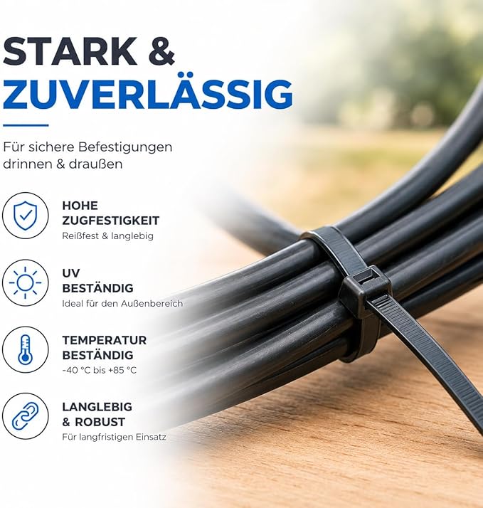 Zestaw 100 czarnych opasek kablowych - Krótkie i długie - Zamek błyskawiczny - Odporne na rozerwanie i promieniowanie UV - Różne długości (250 mm x 4,8 mm) - obrazek 6