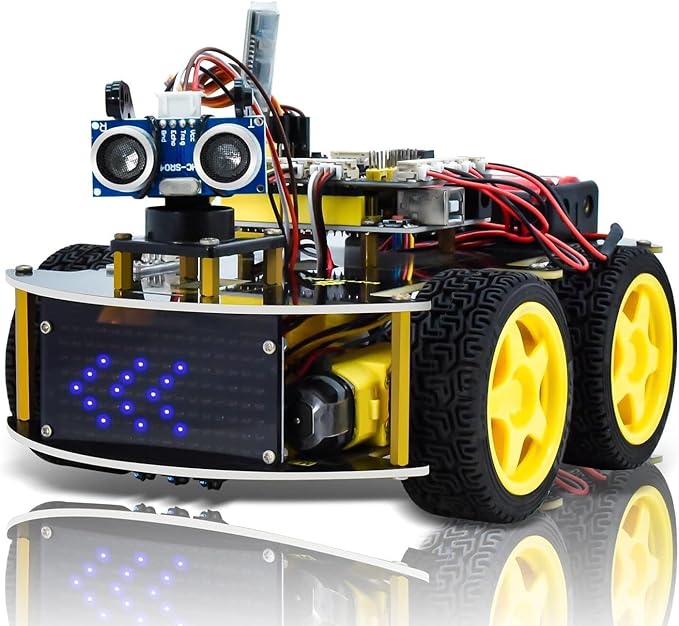 KEYESTUDIO 4WD zestaw do montażu robota V2.0+, kompatybilny z elektroniką Arduino IDE z mikrokontrolerem, modułem śledzenia line, czujnik ultradźwiękowy
